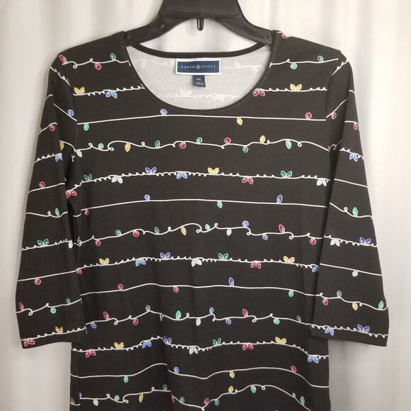 Petite Women's Top Karen Scott Holiday Light Design Black Size PS 3/4 Sleeve NEW - Picture 3 of 8
